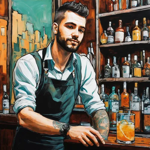 bartender,barman,whiskey sour,watercolor cocktails,apothecary,barista,old fashioned,negroni,aperol,sazerac,barmaid,liquor bar,cointreau,cocktail,italian painter,distilled beverage,coctail,bacardi cocktail,fruitcocktail,david bates,Illustration,Realistic Fantasy,Realistic Fantasy 23