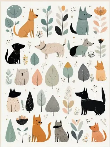 A cute dog clipart, organic forms, in the style of Jon Klassen, desaturated light and airy pastel color palette, nursery art, white background








,woodland animals,forest animals,seamless pattern