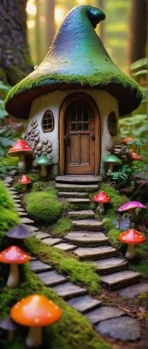 Whimsical gnome, mushroom-shaped house, vibrant green roof, intricately carved wooden door, colorful stones, lush forest surroundings, twinkling fireflies, misty atmosphere, warm sunset light, moss-co