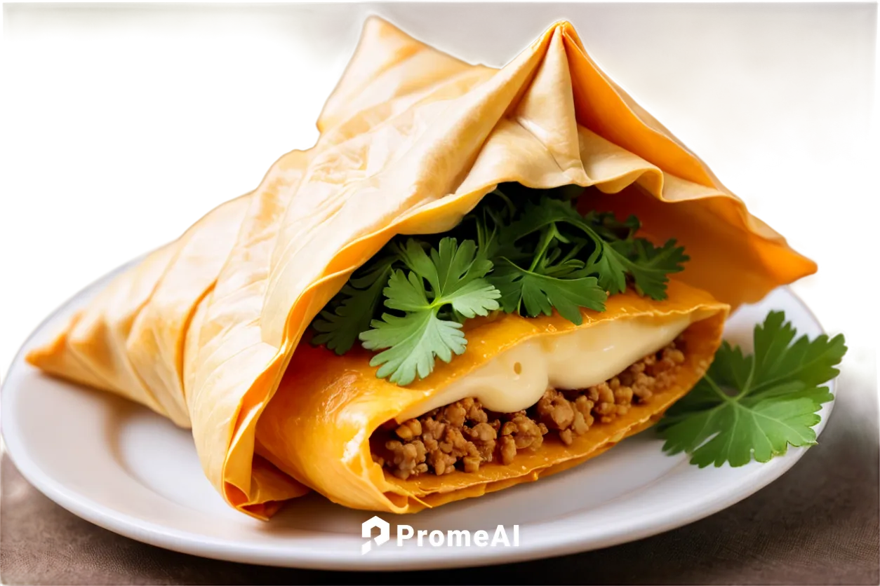 Golden empanadilla, savory pastry, crispy edges, flaky layers, melted cheese, juicy meat filling, garnished with fresh cilantro, solo, close-up, 3/4 composition, warm lighting, shallow depth of field,