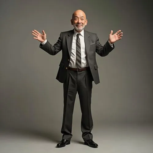 bald man wearing a vintage 60s suit with raised arms,an older man is smiling and doing yoga with his hands,blankfein,bernanos,bernanke,zetsche,stiglitz,yinsen