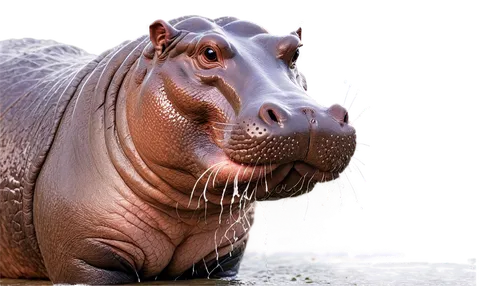 Hippopotamus, hairy, brown fur, muscular body, big belly, short legs, webbed feet, water splashing, close-up facial expression, whiskers, nostrils flaring, bright eyes, morning dew, soft natural light