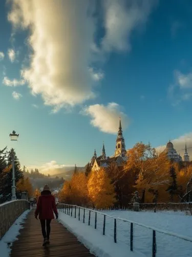 woman walking down a boardwalk surrounded by snow,sinaia,peles castle,brasov,bicaz,bled,bucovina romania,Photography,General,Realistic