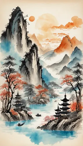 a Chinese ink painting of mountains with a river and trees, ink brush, in the style of colorful fantasy, orient-inspired, multi-layered color fields, intricately mapped world, aerial view, storybook i