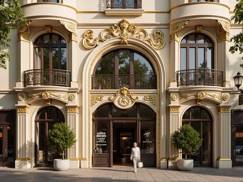 Grandiose commercial facade, ornate Baroque architecture, curved lines, golden accents, intricate stone carvings, imposing columns, dramatic archways, lavish decorations, opulent balconies, regal entr