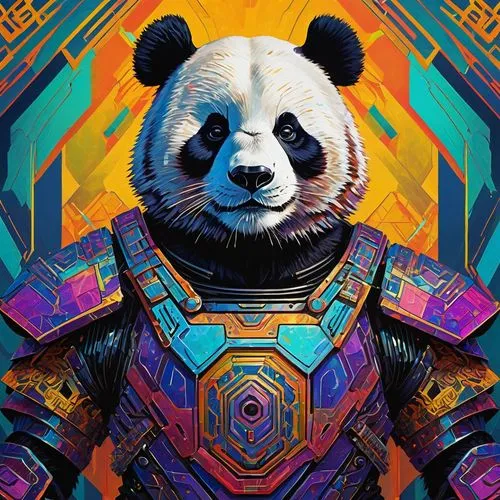 Cybernetic Panda Warrior, MOnet Style, Fantasy, Sci fi, Full Color Illustration, mainly bright metal colors, intricate design, fine details, complex, sophisticated, hexagonal,panda,pandabear,pandith,p