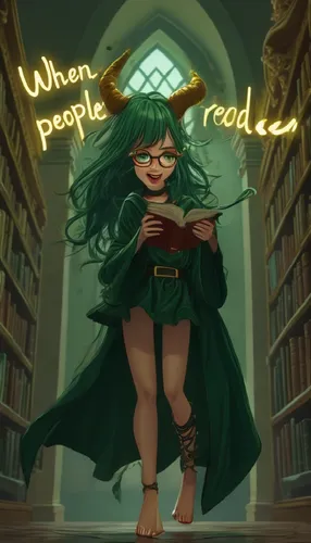 A girl laughs. Gold lettering above her glows and fades.,a woman wearing horns and holding a book,librarian,librarians,bibliophile,bookworm,merula,read a book