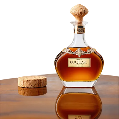 Luxury cognac bottle, golden liquid, ornate label, cork stopper, crystal glass, mahogany wood background, dim warm lighting, shallow depth of field, close-up shot, 3/4 composition, realistic texture, 