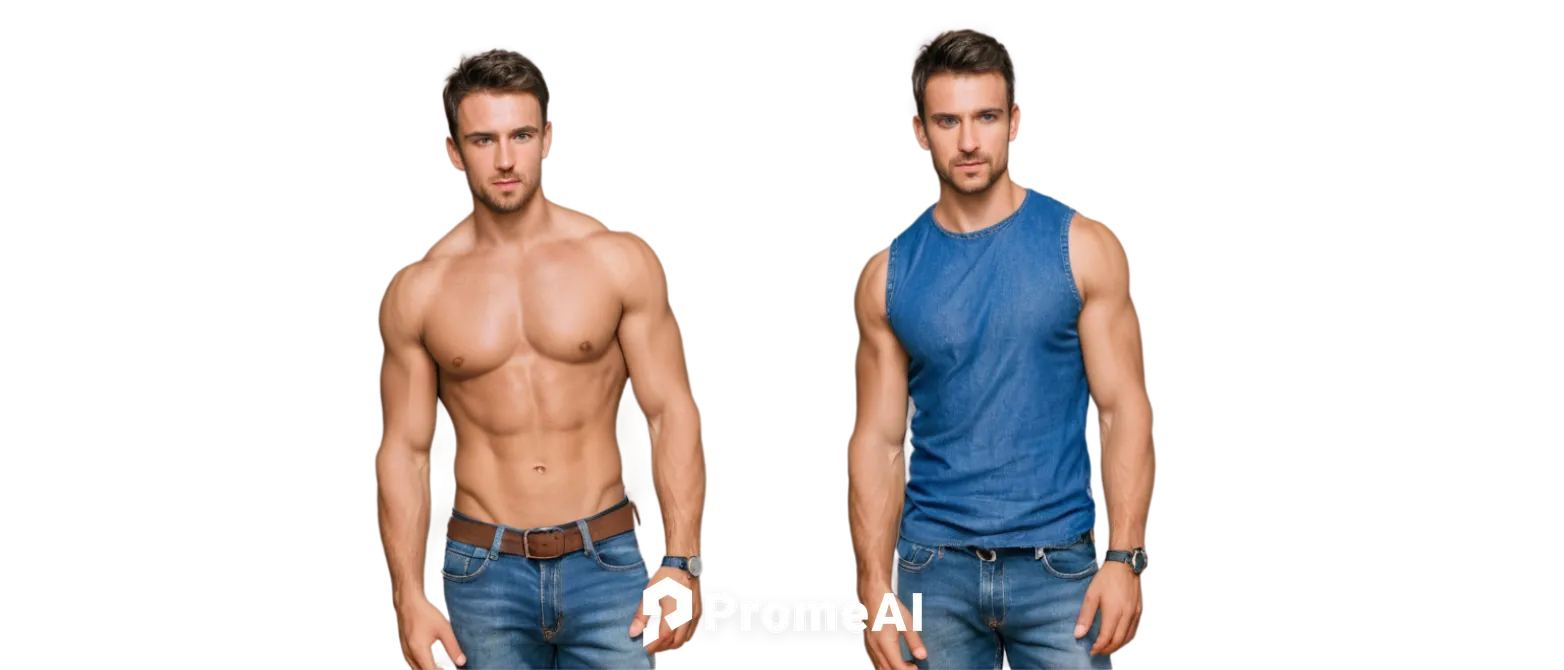 Muscular man, tight-fitting shirt, sleeveless, ripped arms, chest muscles visible, strong jawline, messy short hair, intense gaze, standing pose, relaxed shoulders, denim jeans, boots, casual atmosphe