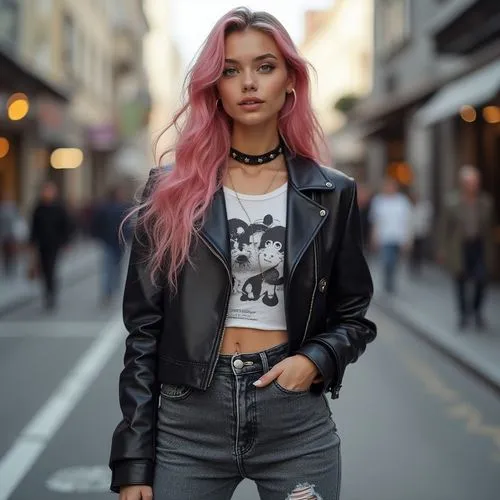 pink hair,zhawn,punk,leather jacket,on the street,street fashion,Photography,General,Realistic