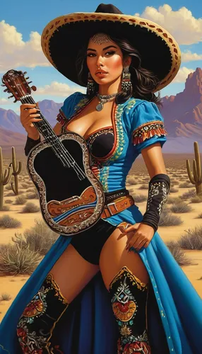 mariachi,la catrina,mexican culture,country-western dance,charango,catrina calavera,southwestern,sombrero,pandero jarocho,la calavera catrina,margarita,woman playing,latina,peruvian women,bouzouki,adelita,catrina,desert background,mexican,mexican tradition,Illustration,American Style,American Style 07