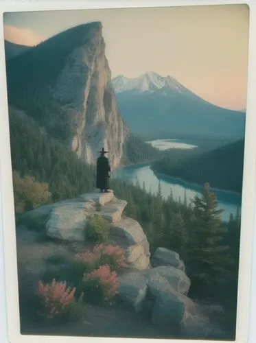 A wizard standing at the edge of a wooded bluff, surrounded by colorful flora, at sunset, a distant mountain lake behind him.,a man sitting on the edge of a mountain cliff,polaroid photos,lubitel 2,yo