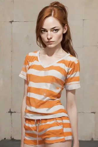 girl in t-shirt,horizontal stripes,striped background,prisoner,orange,isolated t-shirt,mime,girl with cloth,mime artist,character animation,female model,female doll,pippi longstocking,art model,scared woman,3d model,redhead doll,girl in a long,portrait background,the girl's face,Digital Art,Character Design