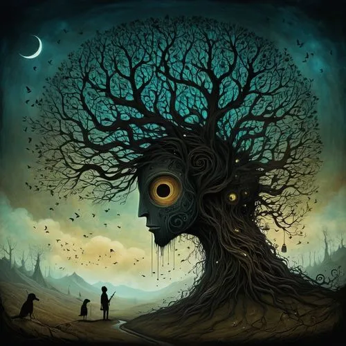 creepy tree,tree thoughtless,three eyed monster,strange tree,dead wood,ghost forest,tree die,tree of life,dead tree,cd cover,old tree,treehouse,magic tree,tree house,the trees,haunted forest,halloween bare trees,shamanism,tree man,game illustration,Illustration,Abstract Fantasy,Abstract Fantasy 19