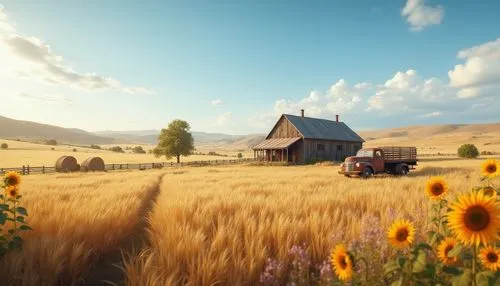 Rural scenery, khaki color tone, natural landscape, rolling hills, wheat fields, rustic fence, old wooden barn, vintage truck, hay bales, wildflowers, sunflowers, gentle breeze, warm soft light, panor