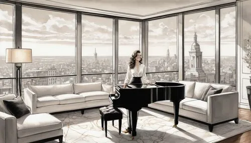 penthouses,livingroom,sky apartment,apartment lounge,living room,luxury home interior,great room,woodsen,steinway,cityview,appartement,skyloft,luxury property,3d rendering,an apartment,modern room,loft,upscale,grand piano,city scape,Illustration,Black and White,Black and White 30