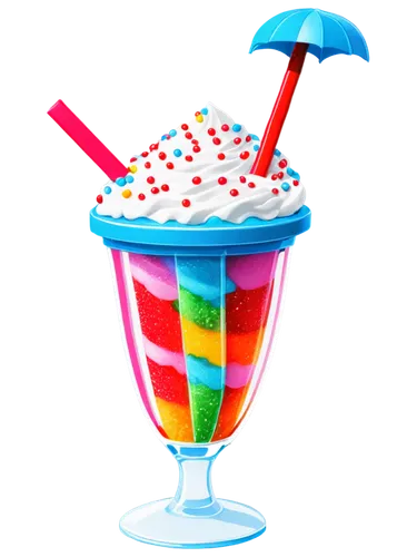 Cartoon style, colorful slushie, transparent cup, straw with umbrella, bright blue liquid, frozen ice crystals, whipped cream on top, cherry on whip cream, colorful sprinkles, glossy finish, macro sho