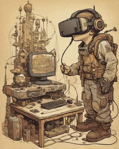 virtual world,virtual reality,steampunk,microscope,vr,respirator,old elektrolok,watchmaker,theodolite,camera illustration,cybernetics,digital nomads,oculus,virtual,sci fiction illustration,magnifier,of technology,man with a computer,anachronism,double head microscope,Illustration,Children,Children 04