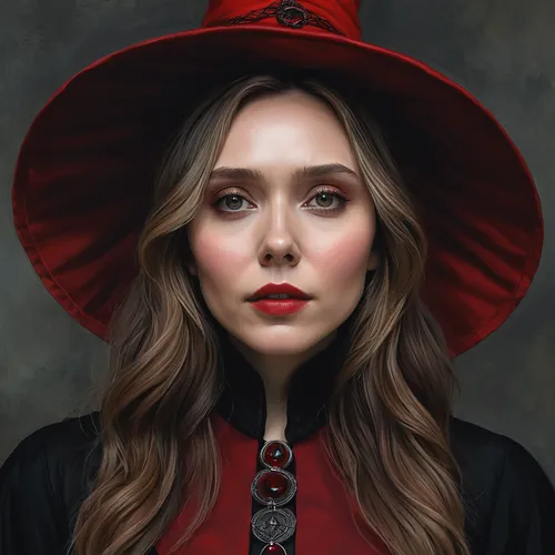 scarlet witch,fantasy portrait,red coat,custom portrait,witch's hat icon,digital painting,lokportrait,witch,witch hat,witch's hat,leather hat,the hat of the woman,gothic portrait,vampire woman,portrait background,halloween witch,the witch,woman's hat,red cape,pointed hat,Illustration,Realistic Fantasy,Realistic Fantasy 07