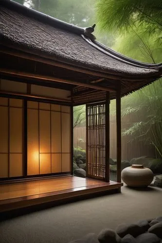 Bamboo, Asian-style, traditional, Japanese, curved roof, intricate carvings, natural material, woven bamboo walls, thatched roof, wooden sliding doors, Shoji screens, Zen garden, serene atmosphere, mi