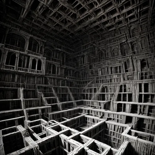 dungeon, wood, rope
bridges
deep levels
m.c. escher
maze, endless, lost, labyrinth, punishment, gothic
sun over the horizon
stairways and ladders
optical illusion
occasional arched gateways
mysterious