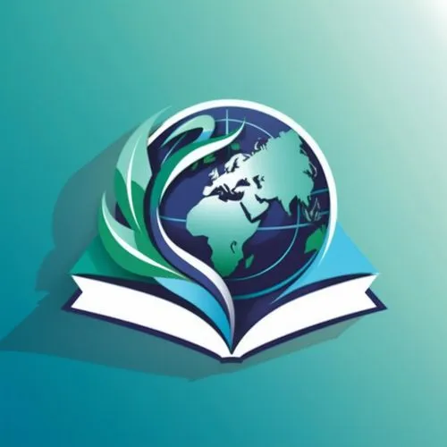 a logo of a university called UGAM, use blue and green color. Add text "Universidad Global de las Américas",an open book with the earth on it,isoft,correspondence courses,booksurge,publish e-book onli