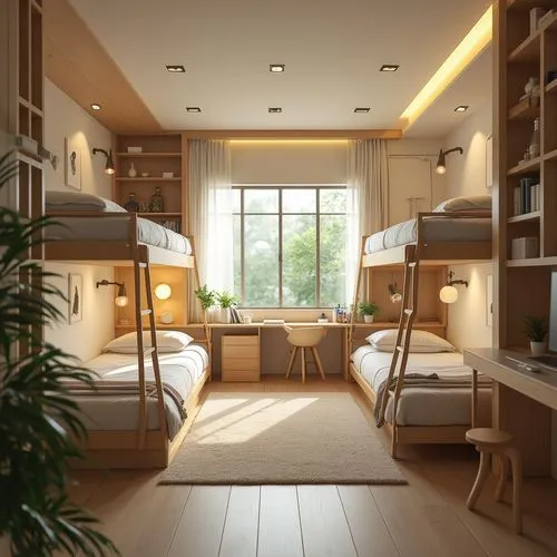 modern room,3d rendering,bedrooms,sleeping room,loft,roominess,bedroom,render,3d rendered,bunkbeds,3d render,great room,chambre,dorm,dormitory,guestrooms,habitaciones,sky apartment,beds,guest room,Photography,General,Realistic