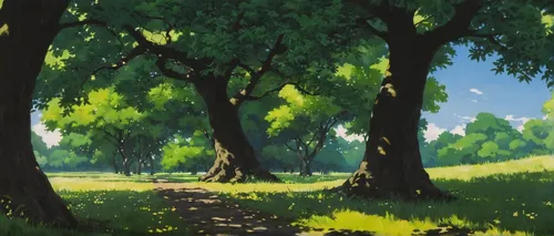 Write a peaceful scene under the shade of black walnut trees.,studio ghibli,forest background,forest landscape,forest,trees,row of trees,cartoon forest,tree grove,green forest,landscape background,che