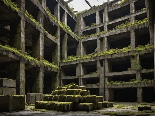 hashima,gunkanjima,ruin,ruins,industrial ruin,abandoned place,undercity,crypts,lost place,ancient ruins,abandoned places,ruine,scampia,subterranean,maze,overgrowth,labyrinthian,kudzu,cinderblocks,ravines,Illustration,Realistic Fantasy,Realistic Fantasy 06