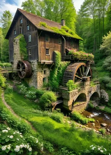 water mill,old mill,dutch mill,water wheel,house in mountains,home landscape,house in the forest,green landscape,house in the mountains,world digital painting,mill,log home,idyllic,gristmill,summer cottage,abandoned place,beautiful home,wooden house,fisherman's house,country cottage,Photography,General,Natural