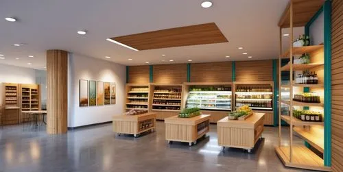 Design a food and beverage sales space based on the concept of a supermarket. Referring to biophilic design, the shelf on the far right is converted into a pillar, the floor is made of bright polished