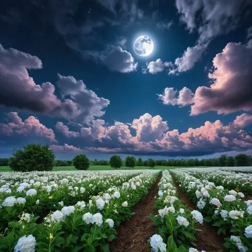 flower field,moonflower,vegetables landscape,field of flowers,moonlit night,flowers field,blooming field,splendor of flowers,lunar landscape,vegetable field,onion fields,moon photography,nature wallpaper,sea of flowers,moon in the clouds,moonlit,beautiful landscape,dreamscapes,moonscapes,landscapes beautiful,Photography,General,Realistic