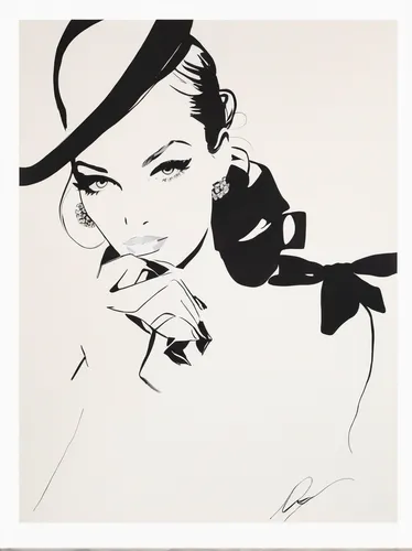 fashion illustration,art deco woman,hepburn,breakfast at tiffany's,black hat,callas,vintage drawing,the hat-female,twenties women,flapper,trilby,vintage illustration,ink painting,cigarette girl,vesper,woman's hat,advertising figure,fashionista from the 20s,roaring twenties,bowler hat,Art,Artistic Painting,Artistic Painting 24