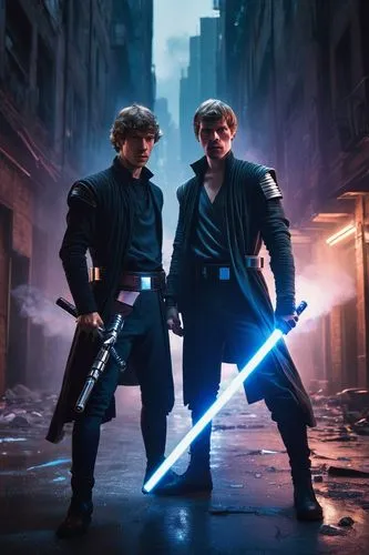 Star Wars, Reddit, lightsaber duel, two male warriors, muscular build, athletic physique, white and blue lightsabers, clashing sparks, intense facial expressions, sweaty skin, torn clothes, ripped fab