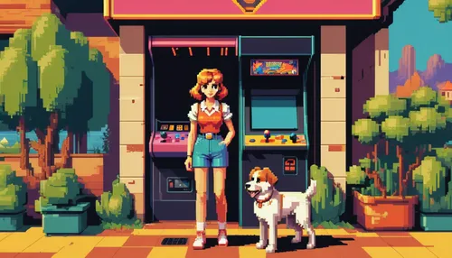 DOG,pet shop,convenience store,shopkeeper,dog cafe,girl with dog,pet supply,dog street,flower shop,adventure game,game illustration,smaland hound,grocery,retro styled,game art,ice cream shop,pixel art