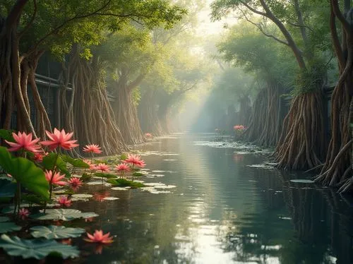 Coral-colored accents, vibrant wetland scenery, serene atmosphere, tranquil water reflections, lush greenery, twisted mangrove roots, delicate lotus flowers, subtle mist effect, soft warm lighting, 3/