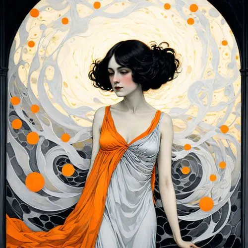 art deco woman,orange blossom,nightdress,musidora,phryne,leyendecker,circe,laurium,eckmann,mucha,persephone,isadora,lathrop,hypatia,orange rose,nazimova,flapper,dieckmann,eurydice,ziegfeld,Illustration,Black and White,Black and White 24