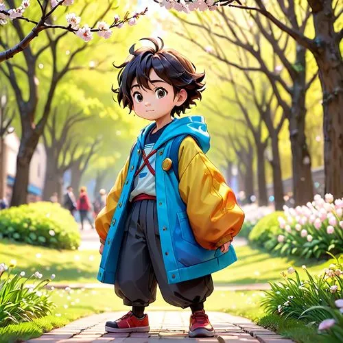 hiro,eiji,walking in a spring,walk in a park,shigehiro,newsboy,Anime,Anime,Cartoon