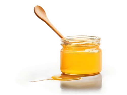 Golden honey, glass jar, transparent background, rounded edges, smooth texture, drips on side, wooden spoon, natural light, warm color tone, shallow depth of field, 3/4 composition, soft focus, ambien