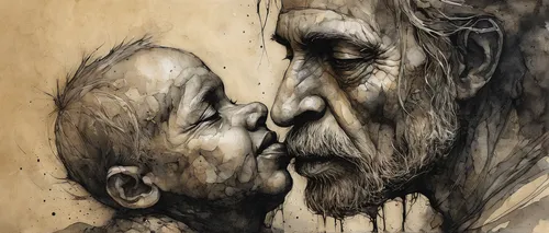 old couple,charcoal drawing,grandparents,father's love,old age,father with child,chalk drawing,pencil art,old human,two people,wood art,man and woman,pencil drawings,grandfather,kissing,mother kiss,elderly man,wood carving,mother and father,first kiss,Illustration,Abstract Fantasy,Abstract Fantasy 18