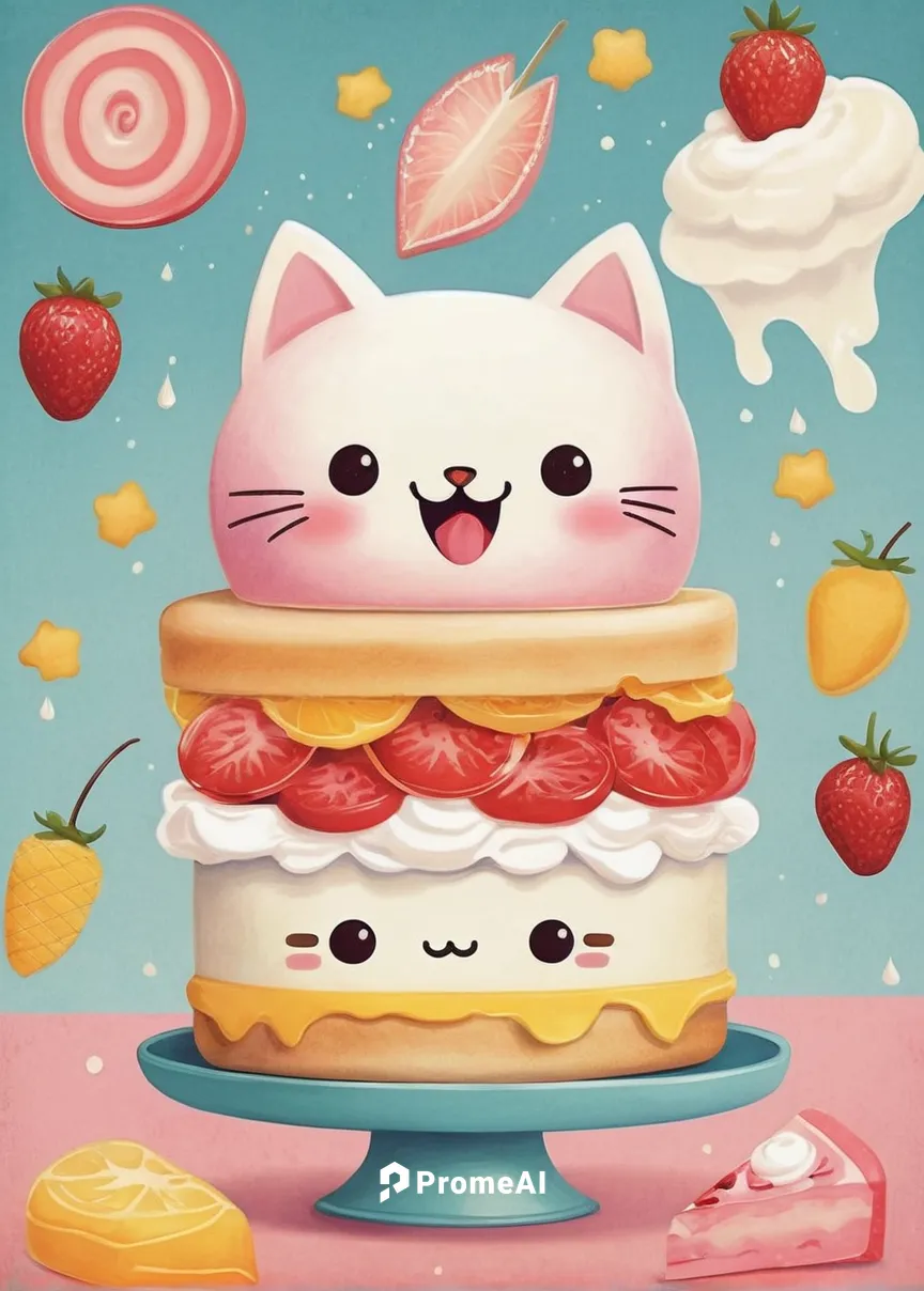 Compose a cheerful poem inspired by mouthwatering kawaii food.,mille-feuille,strawberrycake,donut illustration,sandwich cake,kawaii food,sandwich-cake,shortcake,cassata,stylized macaron,cherrycake,kaw