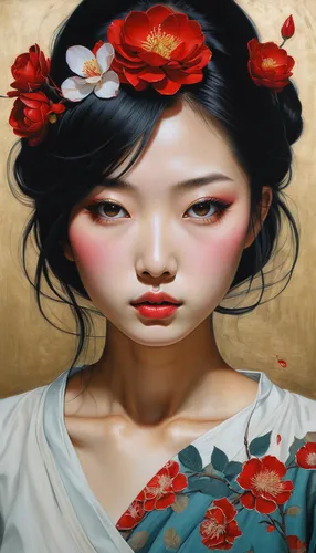 geisha girl,geisha,chinese art,oriental girl,japanese art,oriental painting,oriental princess,japanese woman,asian woman,oriental,vietnamese woman,asian vision,janome chow,art painting,mystical portrait of a girl,peking opera,world digital painting,jasmine blossom,korean culture,japanese floral background,Illustration,Realistic Fantasy,Realistic Fantasy 07