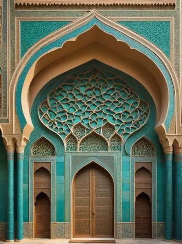 Islamic architecture, intricate geometric patterns, arches, domes, minarets, ornate calligraphy, mosque, grand entrance, intricately carved wooden doors, vibrant turquoise and golden mosaics, intricat