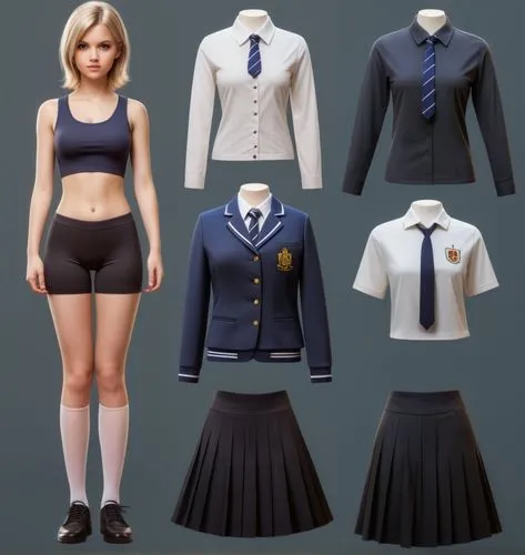 Paper dolls British 16 year old schoolgirl in black sleeveless shirt ,black tight fit spandex shorts with black sock and black shoe standing surrounded by with a set of British school uniform, white d