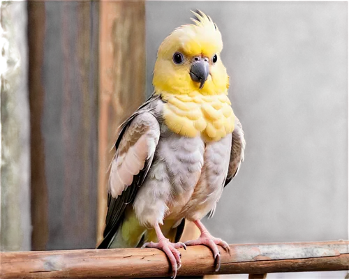 Cockatiel, white feathers, yellow crest, large eyes, pinkish-gray face, small beak, perched on wooden perch, spread wings, soft plumage, natural texture, warm lighting, close-up shot, shallow depth of