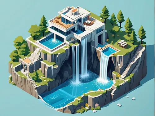 water castle,isometric,artificial island,artificial islands,diamond lagoon,tower fall,floating islands,island suspended,floating island,hydropower plant,aqua studio,pool house,waterfalls,waterfall,atlantis,water falls,peninsula,luxury property,resort,hydroelectricity,Unique,3D,Isometric