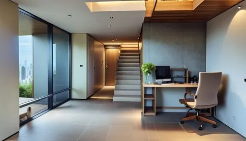 office with floor to ceiling windows and steps leading up,hallway space,interior modern design,outside staircase,contemporary decor,oticon,search interior solutions,Photography,General,Realistic