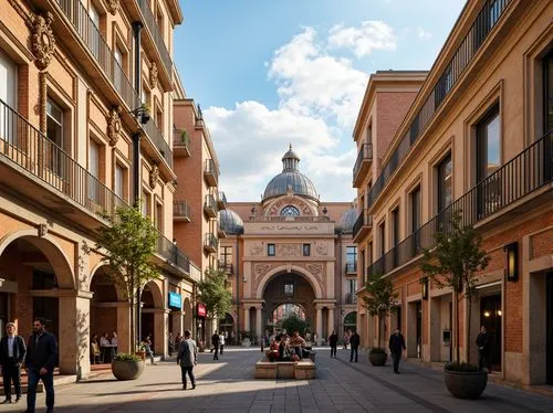 Grand cultural center, ornate Renaissance facades, intricately carved stone walls, majestic arches, grandiose columns, vibrant frescoes, ornamental balconies, decorative cornices, rustic brick texture