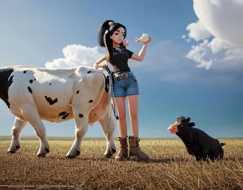 a gorgeous redneck Woman with black hair , a cow and a chicken,farm girl,milk cow,barnyard,cow boy,countrygirl,dairy cow,holstein cow,toy's story,digital compositing,girl with dog,playmobil,farm anima