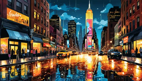 world digital painting,city scape,new york,manhattan,colorful city,newyork,citylights,new york streets,city lights,time square,sci fiction illustration,digital compositing,cityscape,mobile video game vector background,black city,big apple,capital cities,big city,new york skyline,fantasy city,Unique,Design,Sticker